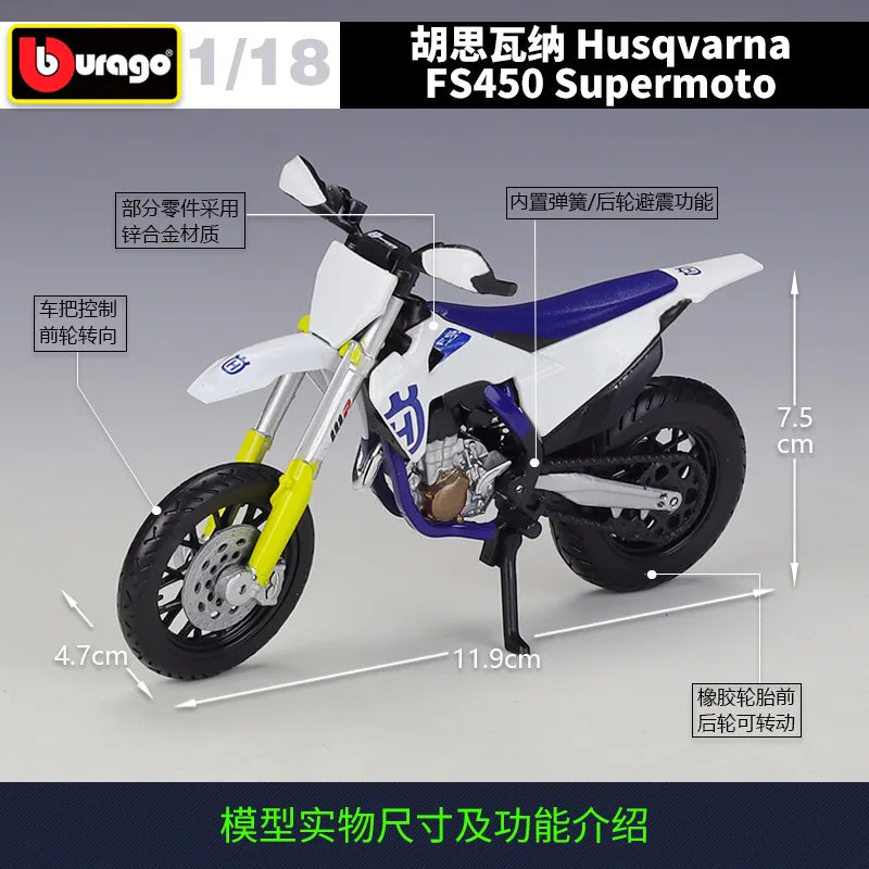 Bburago 1:18 Husqvarna FS450 Supermoto Model Car Simulation Alloy Motorcycle Metal Toy Car Children's Toy Gift Collection