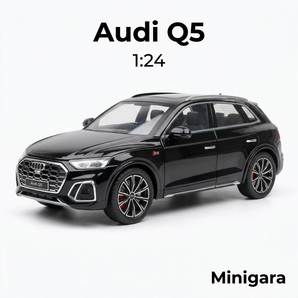Audi Q5 đen, nền trắng và chữ Montserrat Bold