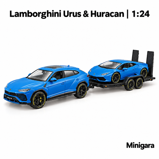 Bộ Urus kéo rơ-moóc chở Huracan xanh