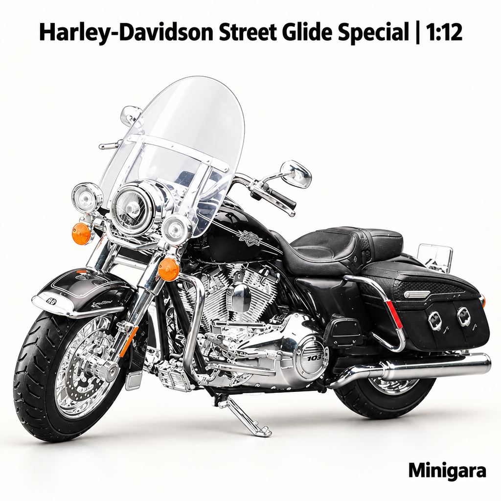 Harley đen cùng kính chắn gió và túi bên theo ảnh nguồn