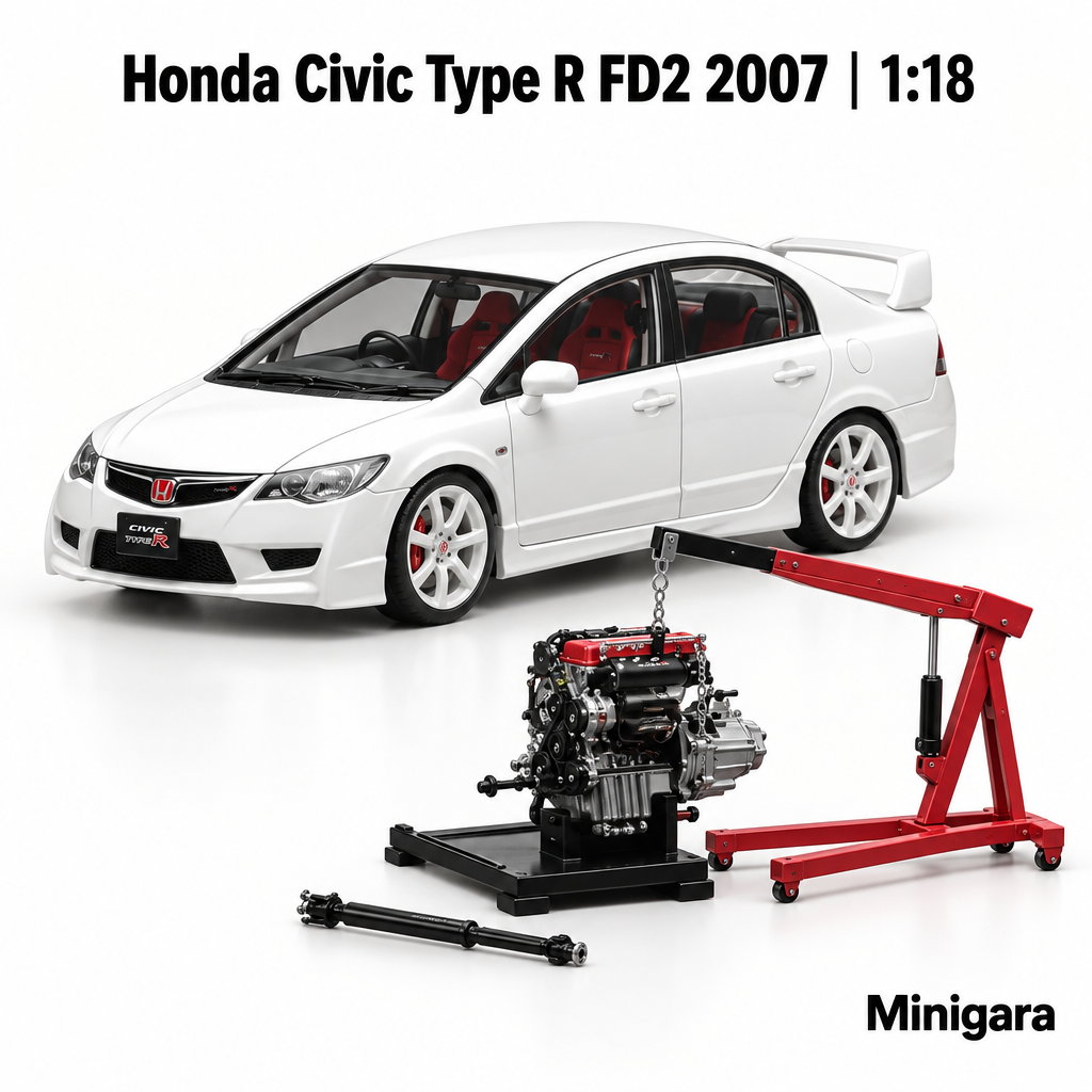 Honda Civic FD2 trắng cùng bộ động cơ và giá nâng