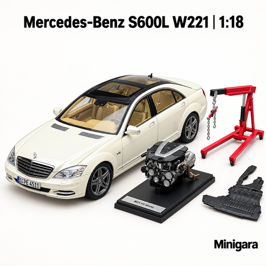 Mercedes-Benz S600L trắng cùng động cơ và giá nâng