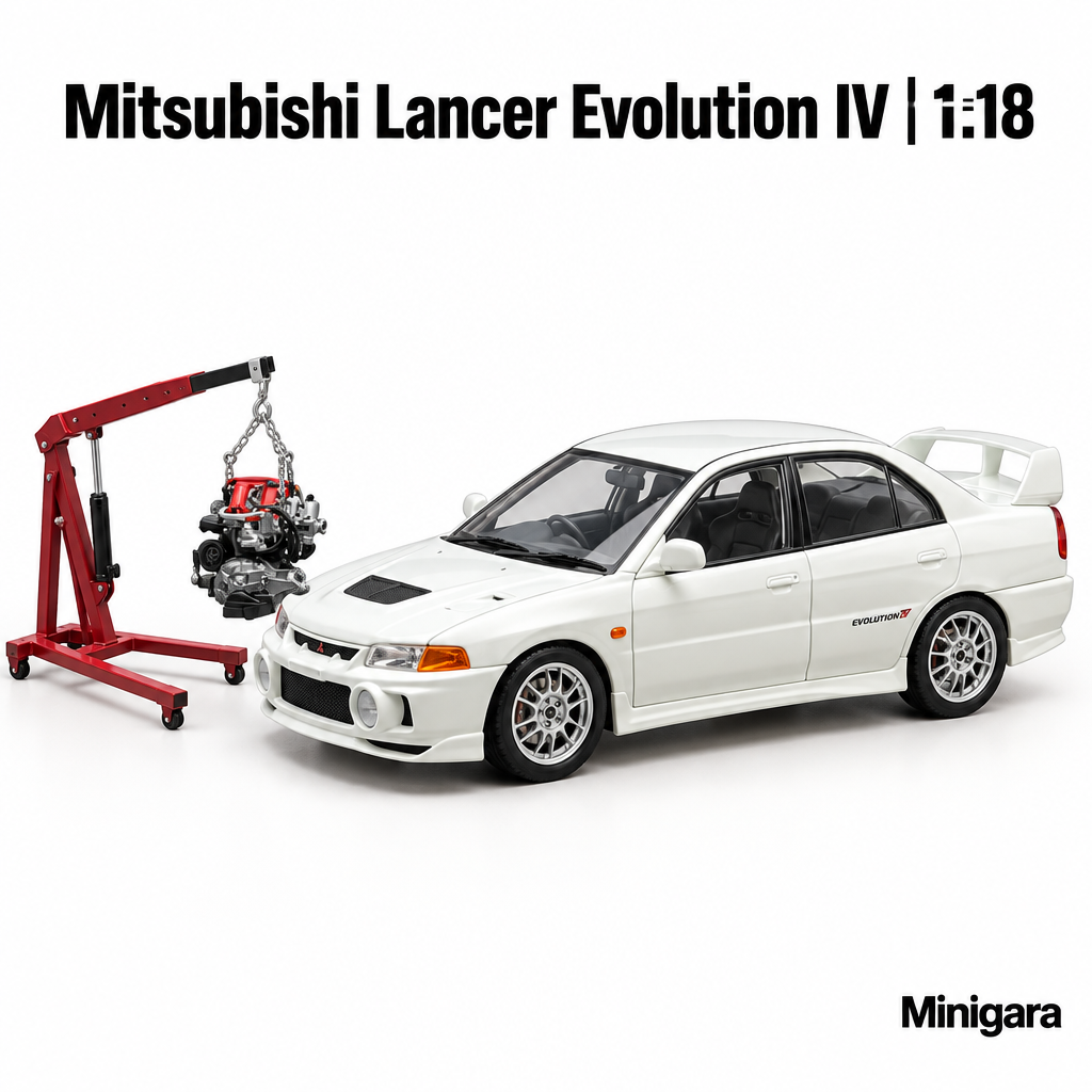 Mitsubishi EVO IV trắng cùng động cơ và giá nâng