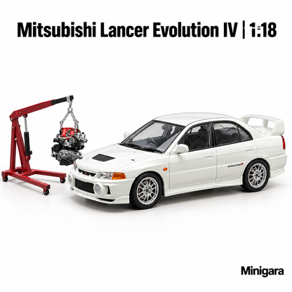 Mitsubishi EVO IV trắng cùng động cơ và giá nâng