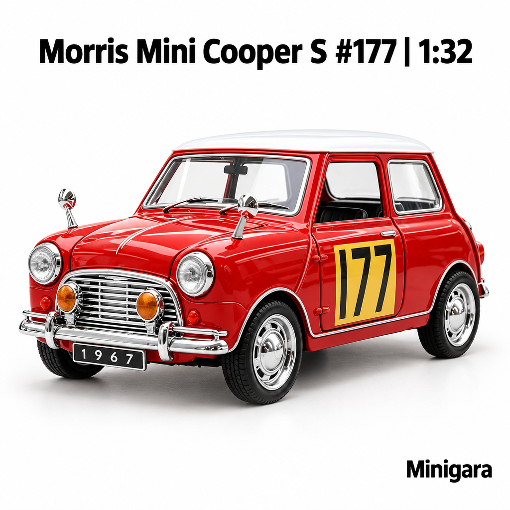 Morris Mini đỏ, nóc trắng, số 177