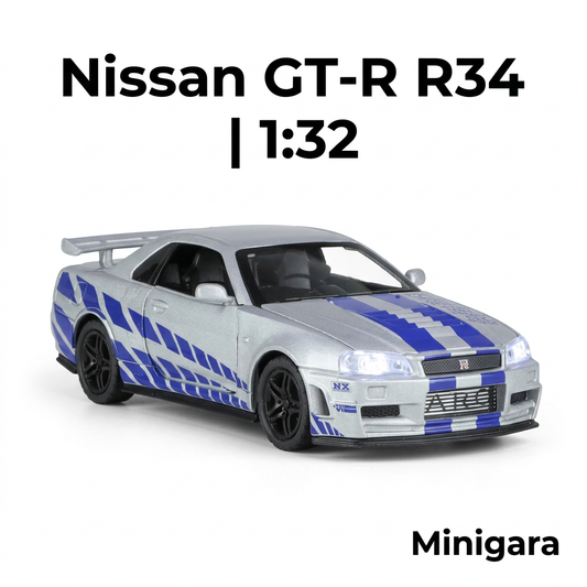 Nissan R34 bạc tem xanh mâm đen
