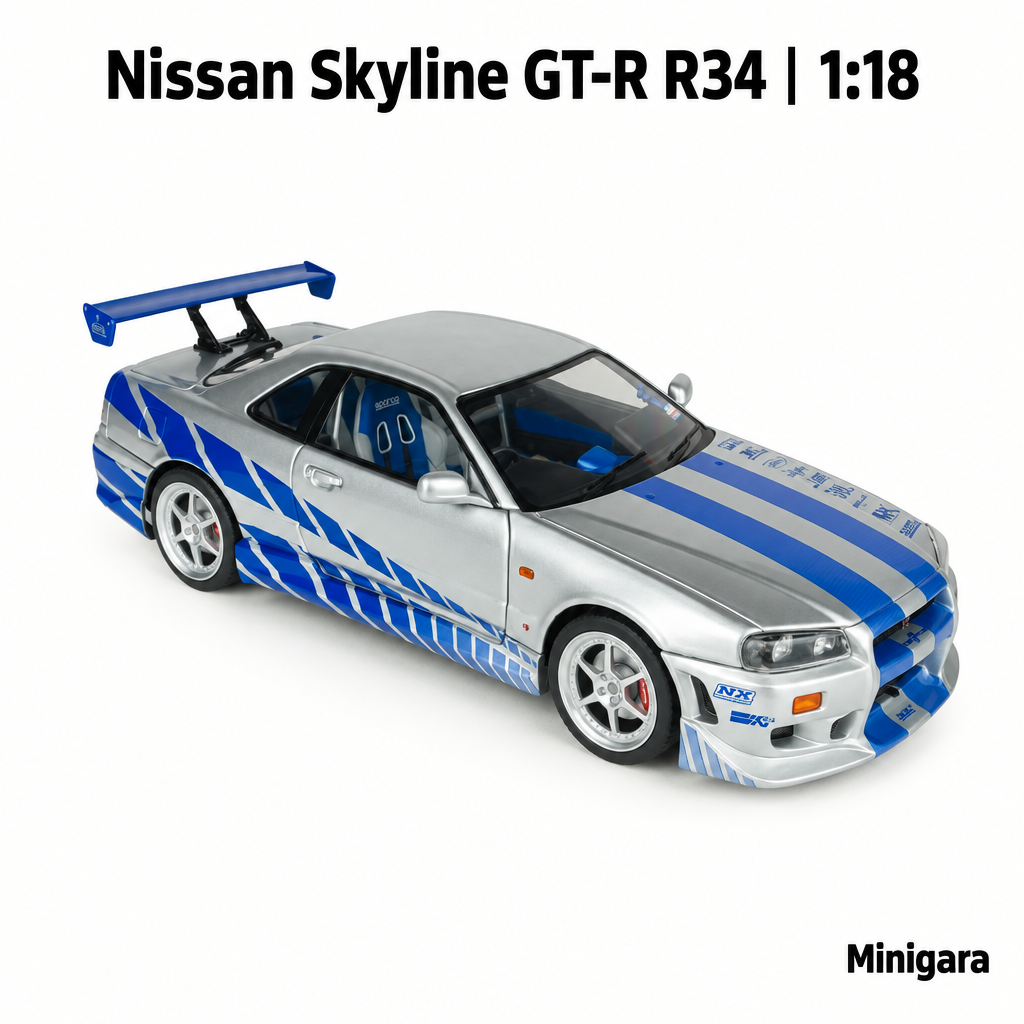 Nissan Skyline GT-R R34 bạc sọc xanh