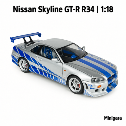 Nissan Skyline GT-R R34 bạc sọc xanh