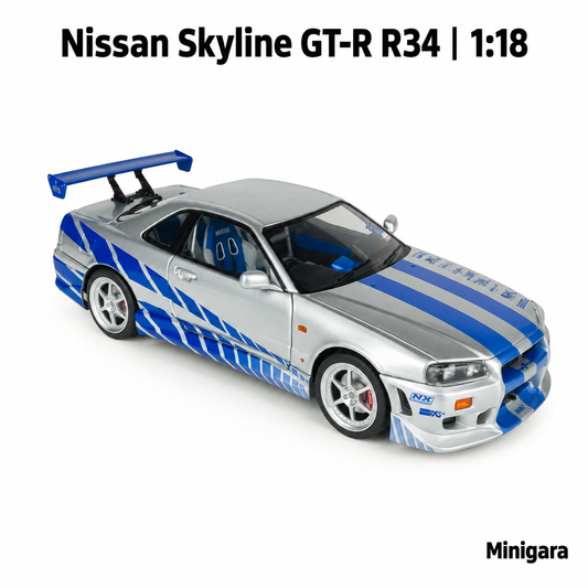 Nissan Skyline GT-R R34 bạc sọc xanh