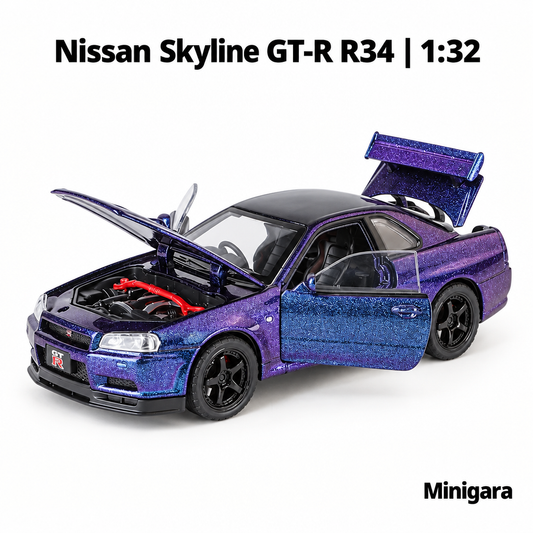 Nissan Skyline R34 tím xanh, góc trước